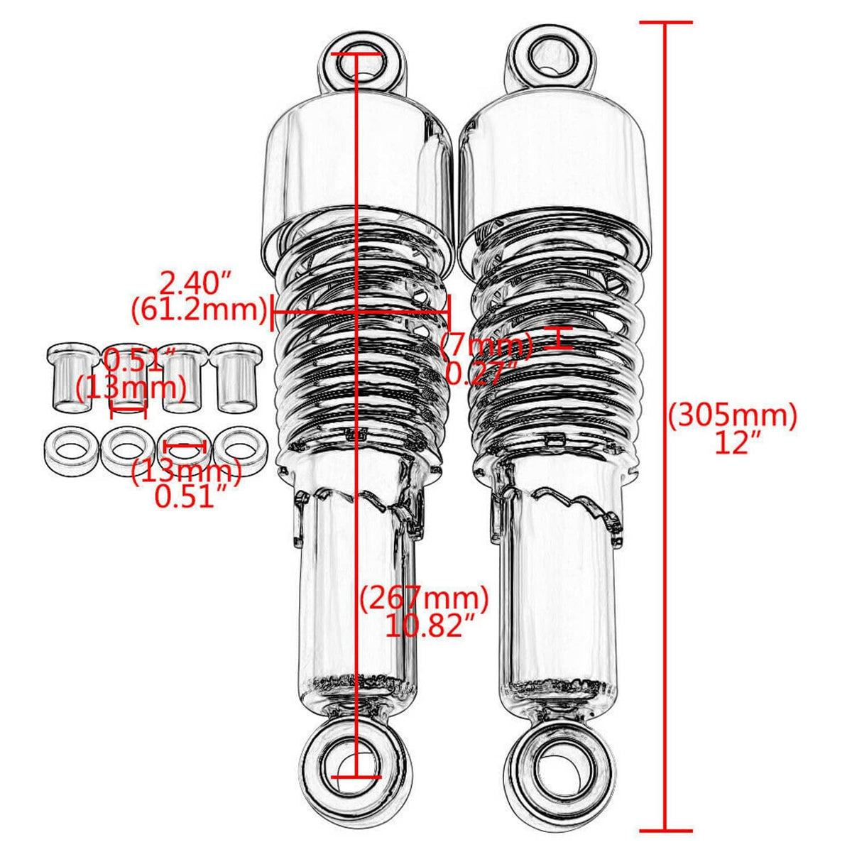 Chrome rear shock absorbers dimension diagram with measured lengths and diameters