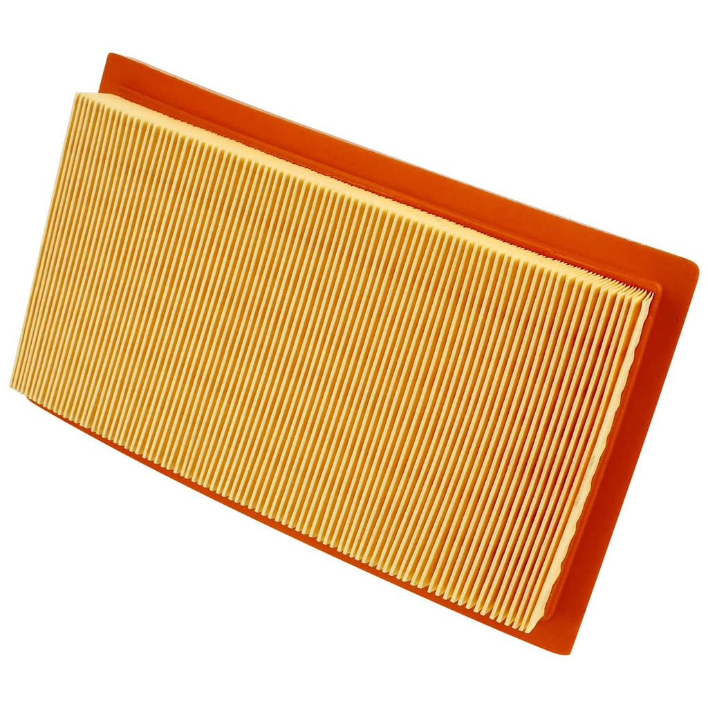 Angled pleated air filter element with yellow paper media in orange frame