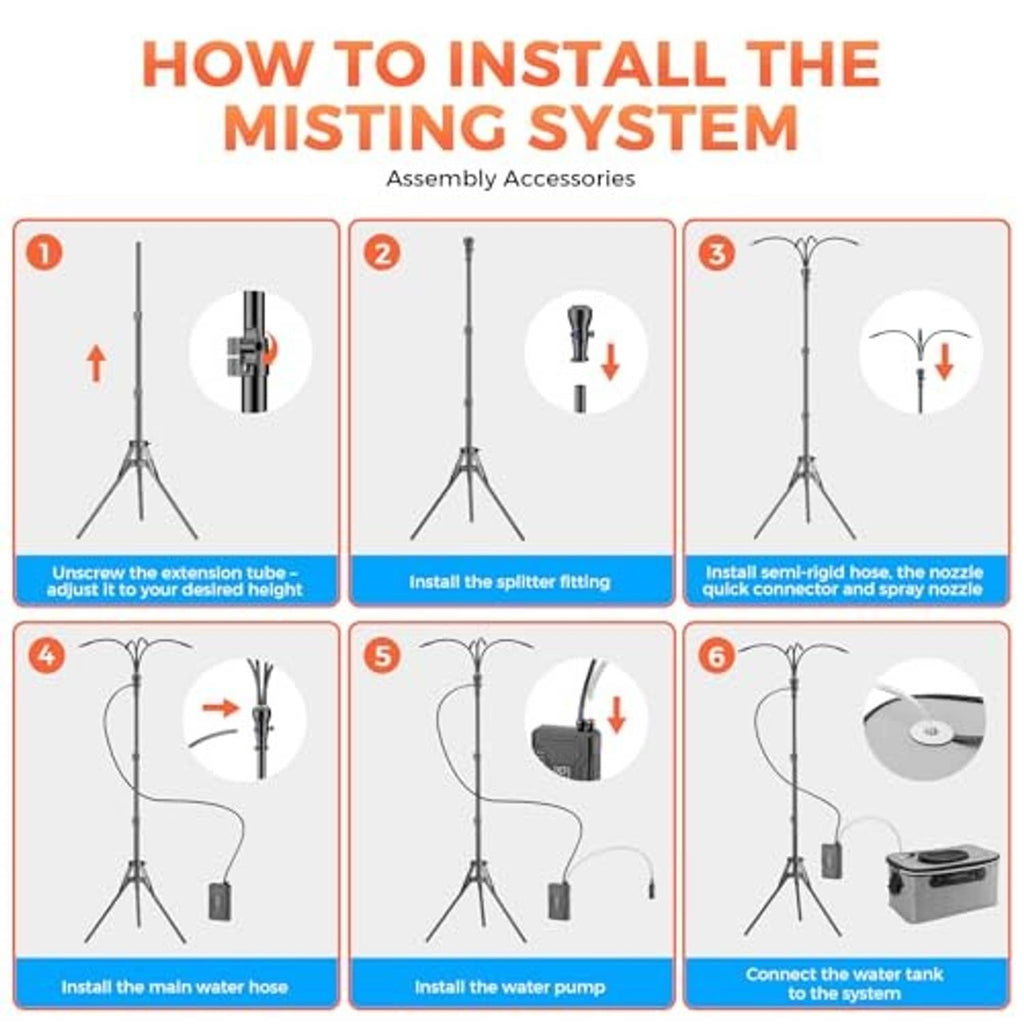 Misting system assembly diagram showing tripod, hoses, and water tank connections
