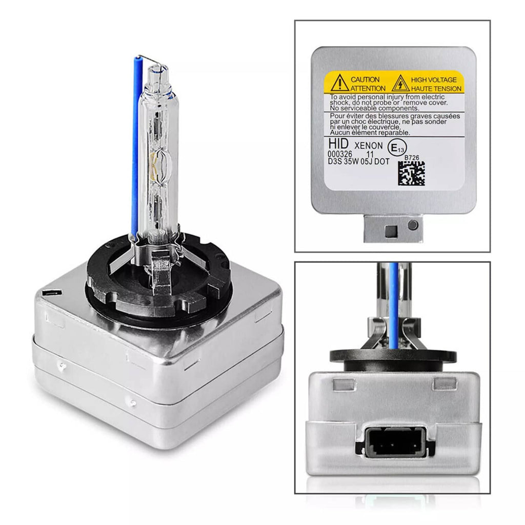 HID xenon bulb and mounting base with connector, blue-highlighted glass tube view