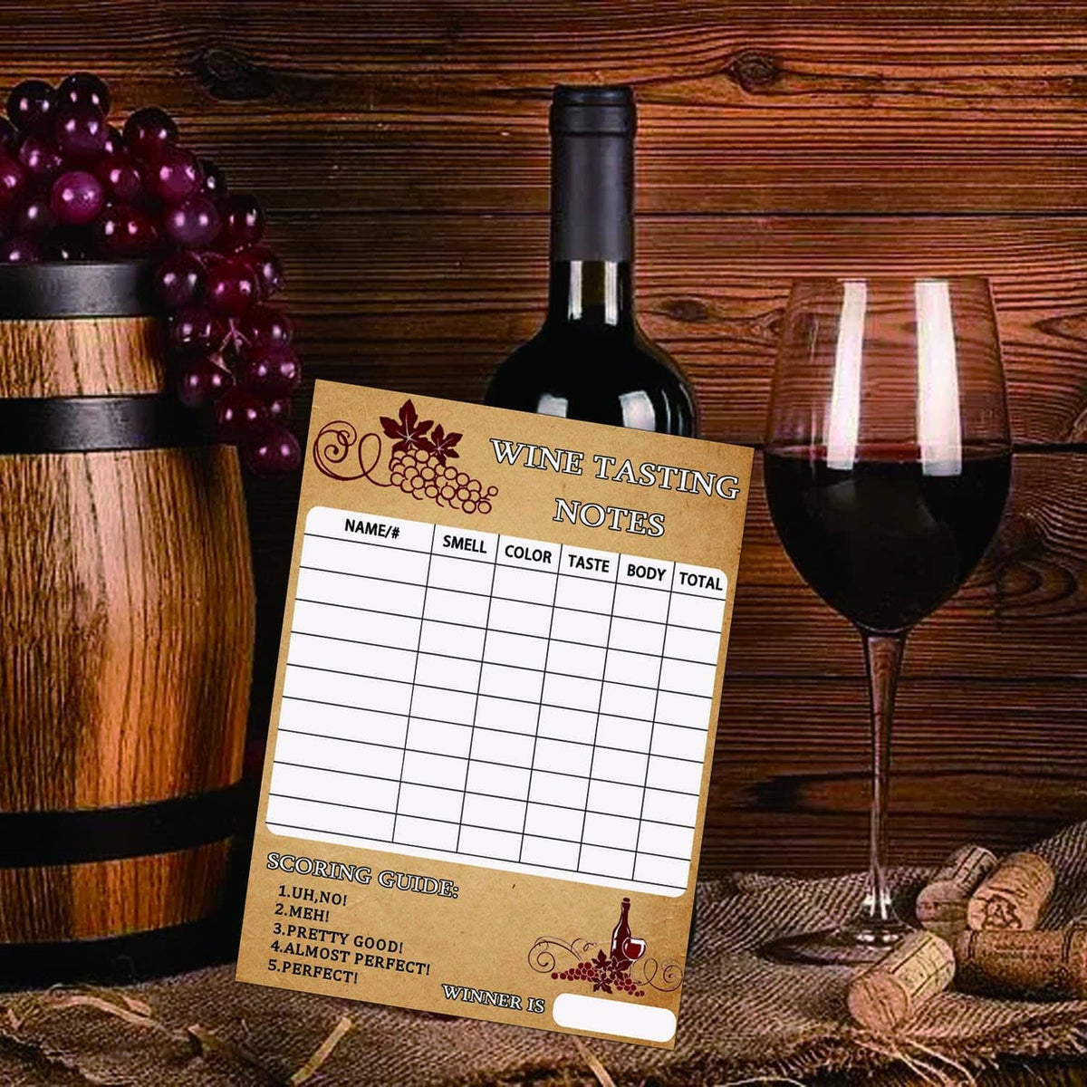 Wine tasting notes scorecard on tan paper with table grid and scoring guide at bottom.