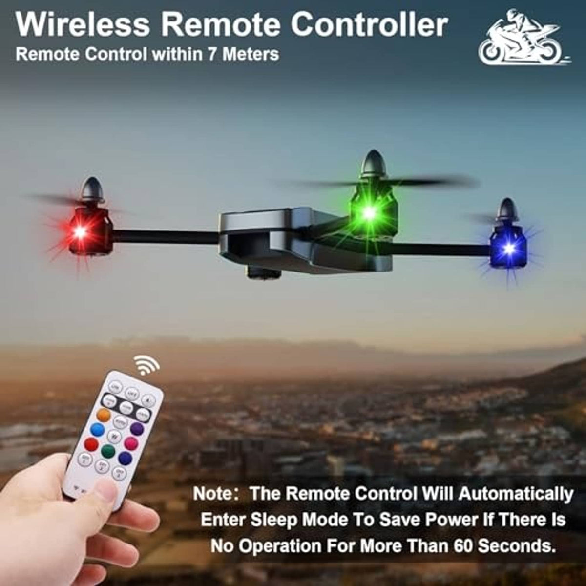 Wireless remote controller with LED strobe lights flashing on a quadcopter
