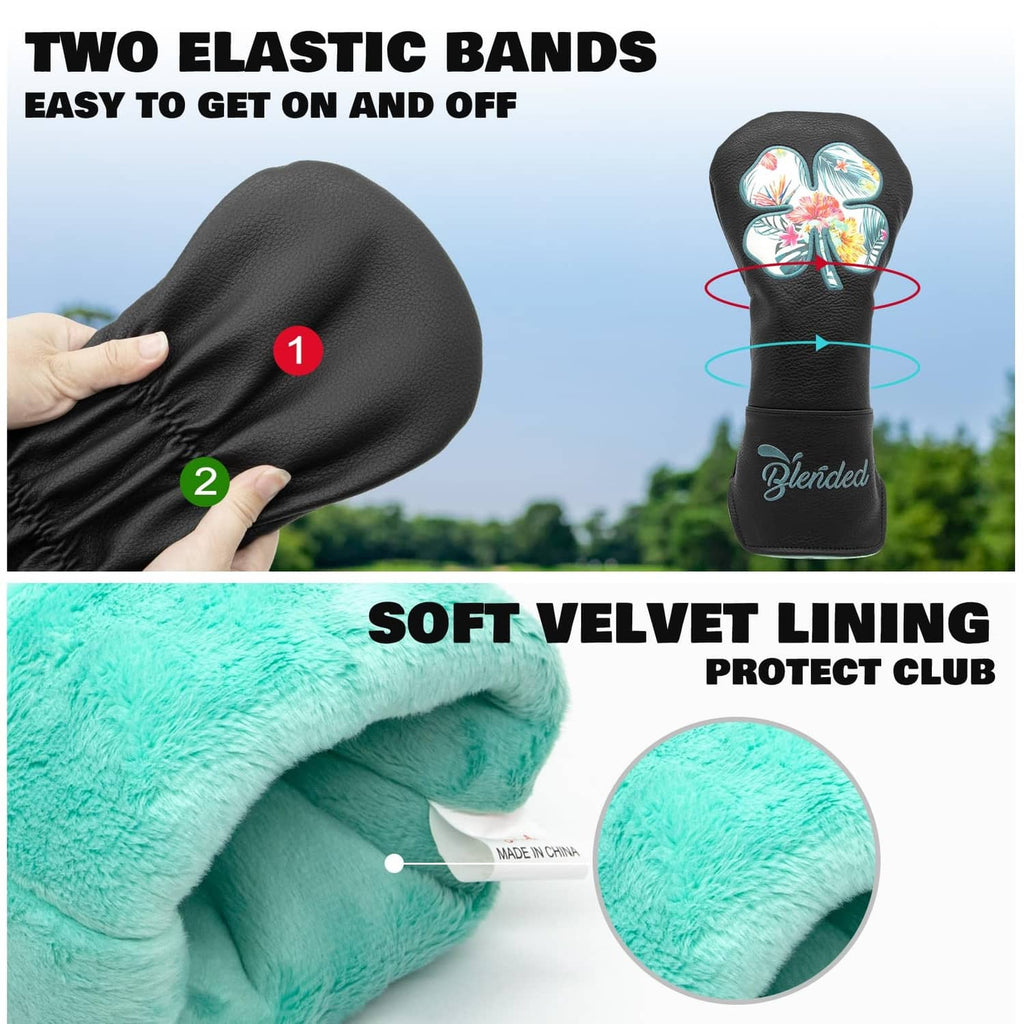 Black driver golf club head cover, four-leaf clover floral embroidery, elastic straps