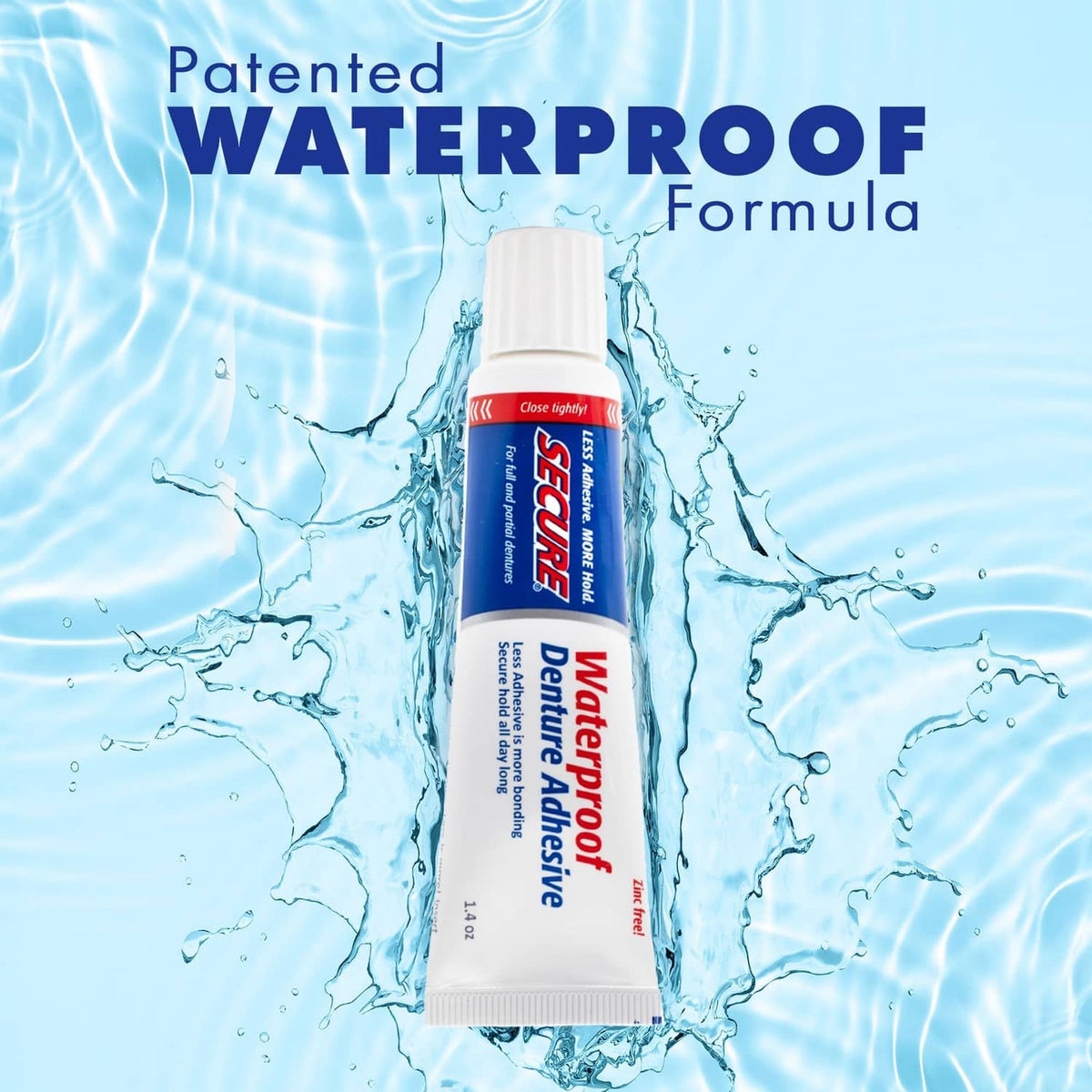 Waterproof denture adhesive tube with blue label and red brand mark