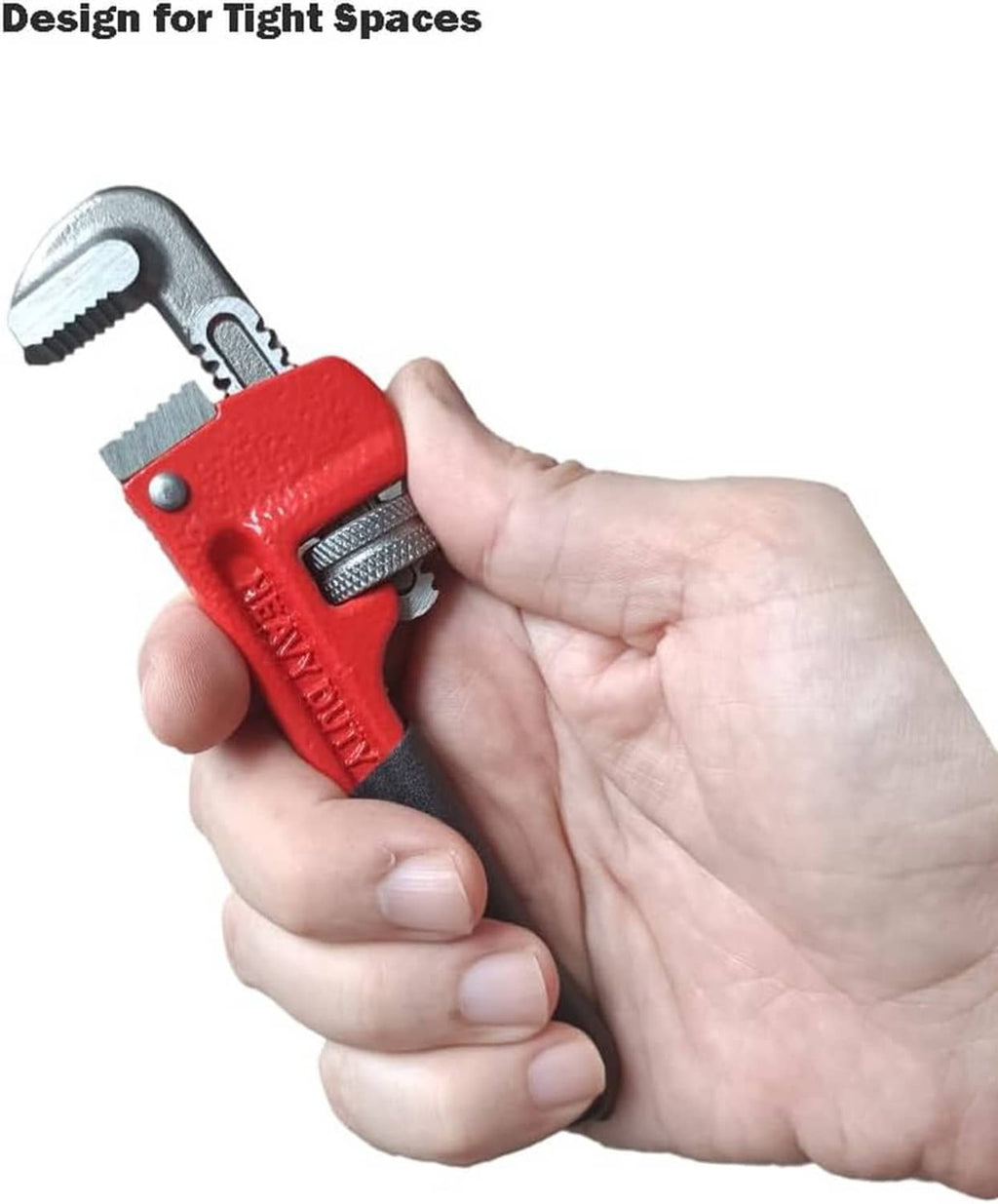 Mini pipe wrench for tight spaces, red head with serrated adjustable jaws