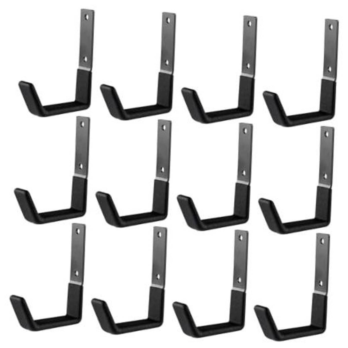 Set of small black steel wall mount U-hook supports with screw holes, assorted angles