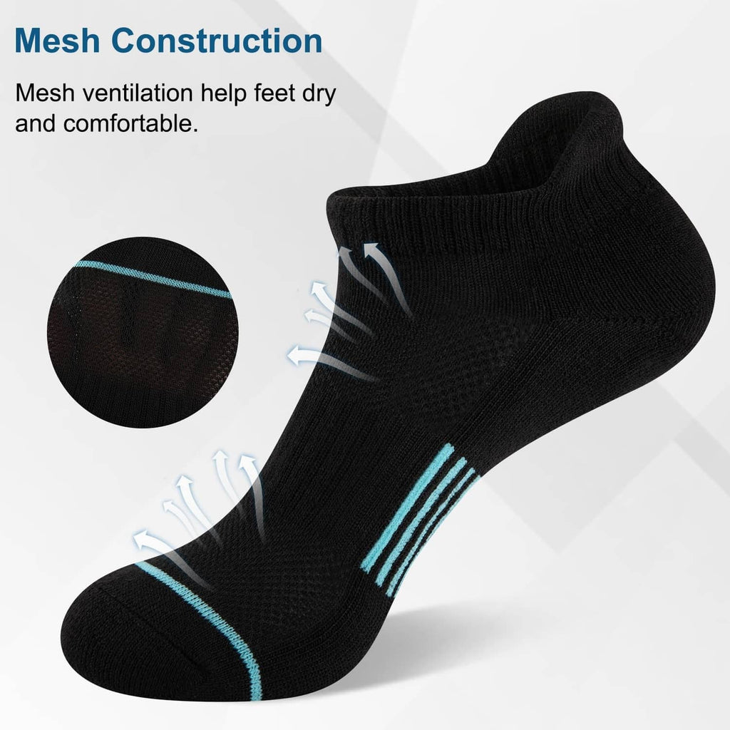 Black ankle socks with mesh knit texture and light blue accent stripes