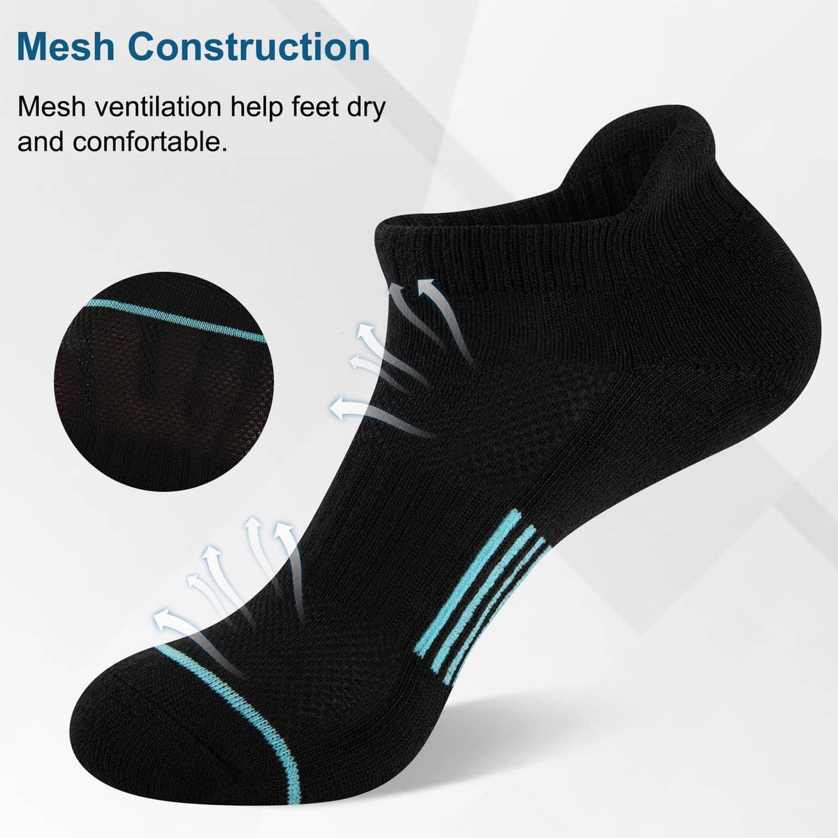 Black ankle socks with mesh knit texture and light blue accent stripes