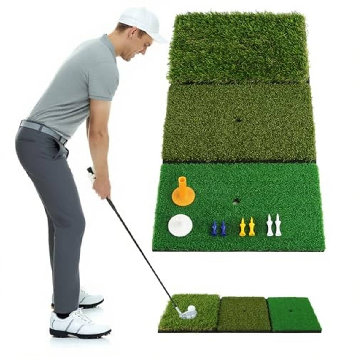 Green portable golf hitting mat with multiple turf sections and tee with white practice ball.