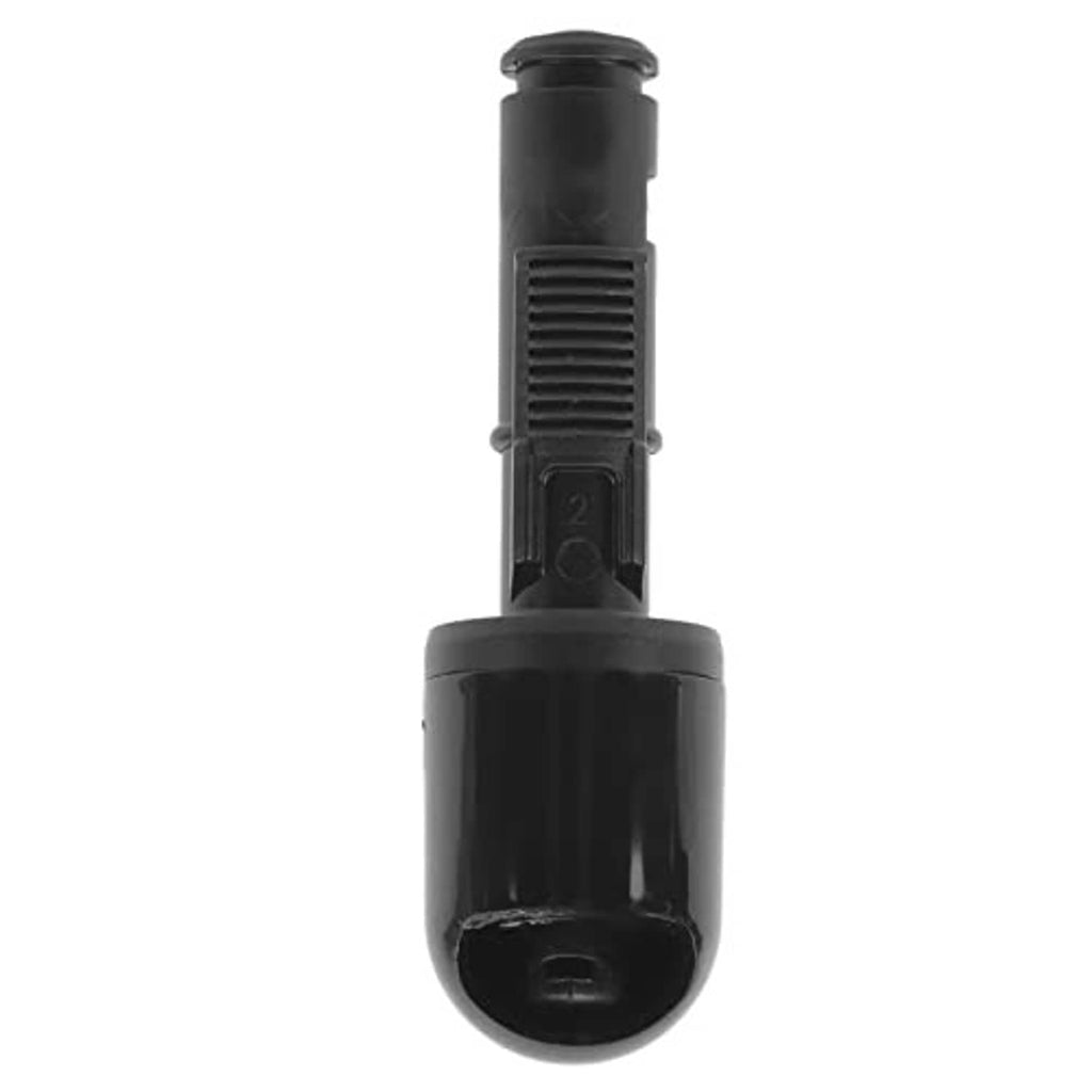 Black headlight washer nozzle with ribbed handle and domed spray tip end.