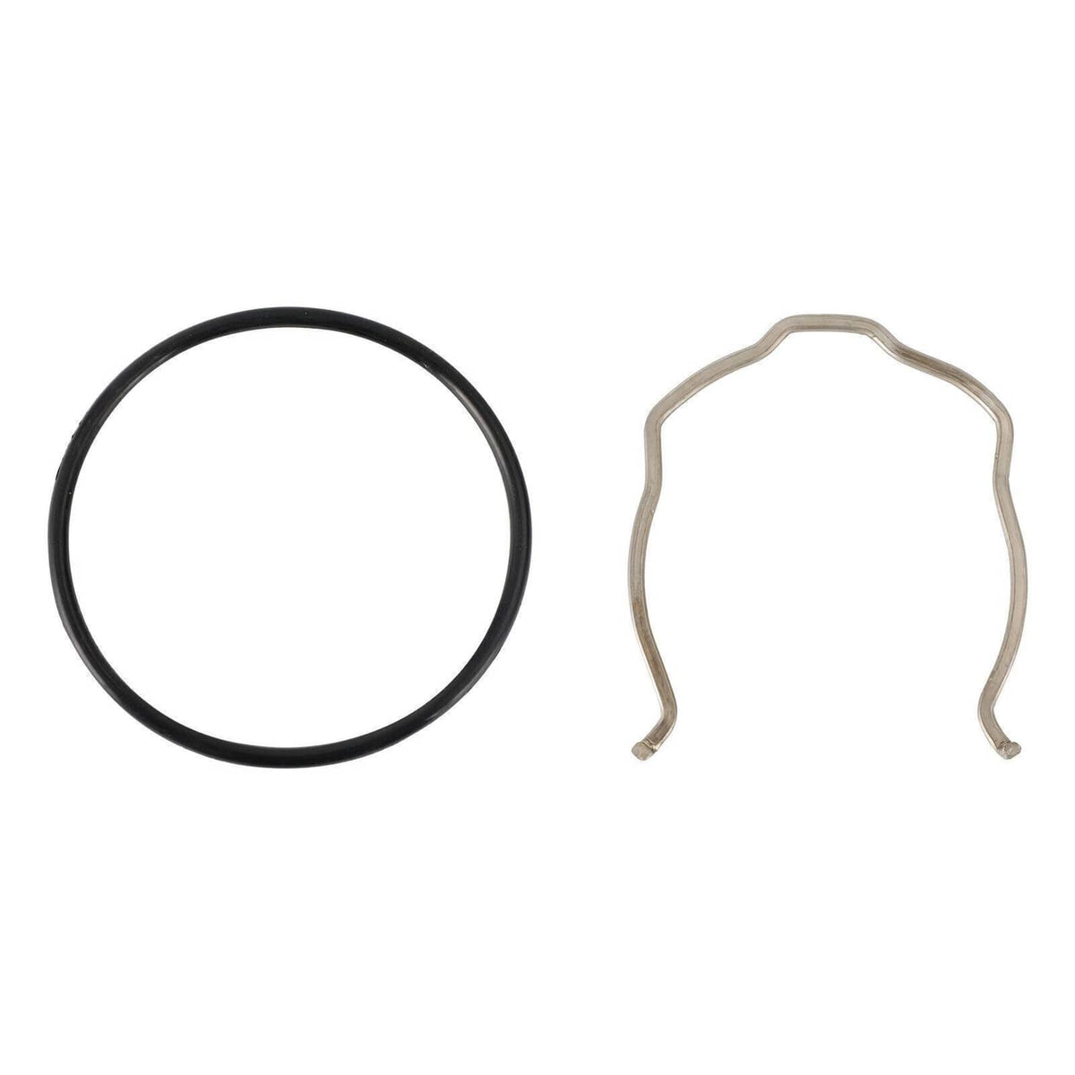 Black O-ring seal and two gray gasket clips with bent end tabs