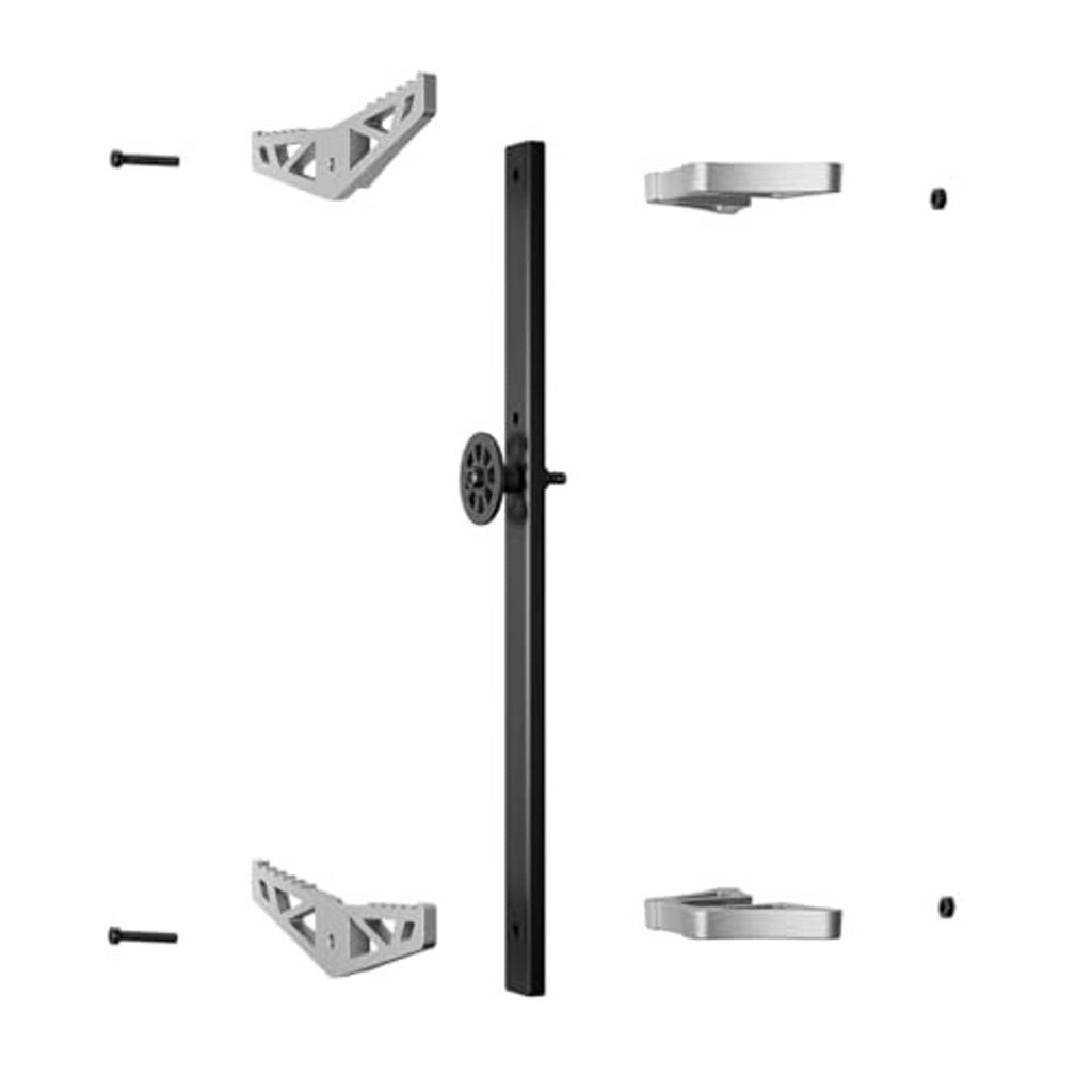 Climbing sticks parts: black post, silver steps, and small hardware pieces