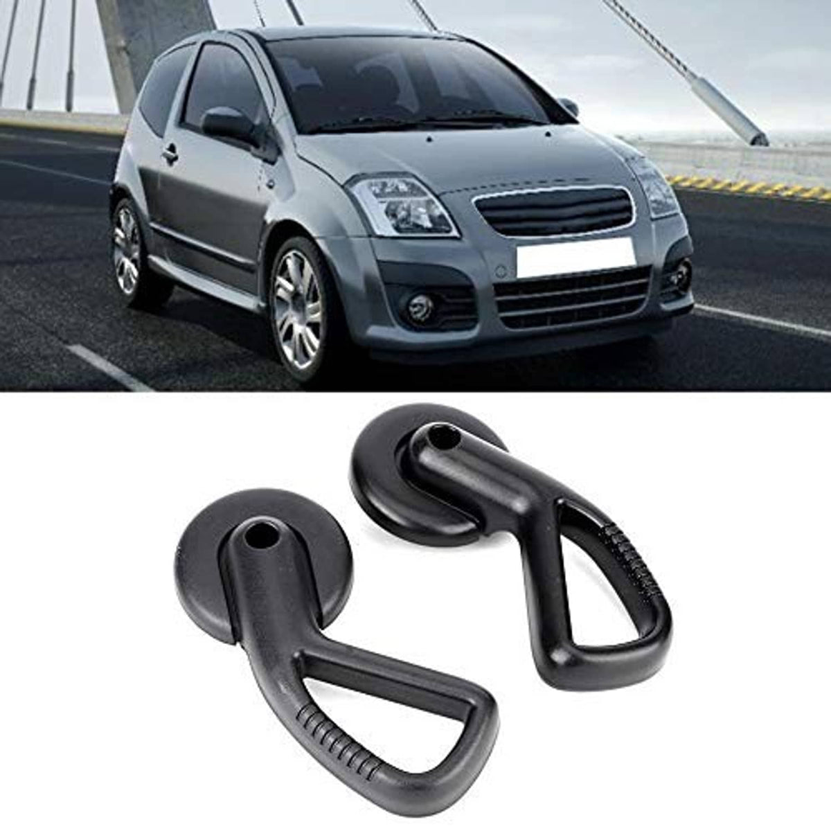 Black seat adjuster handle levers with textured rubber grips and mounting openings