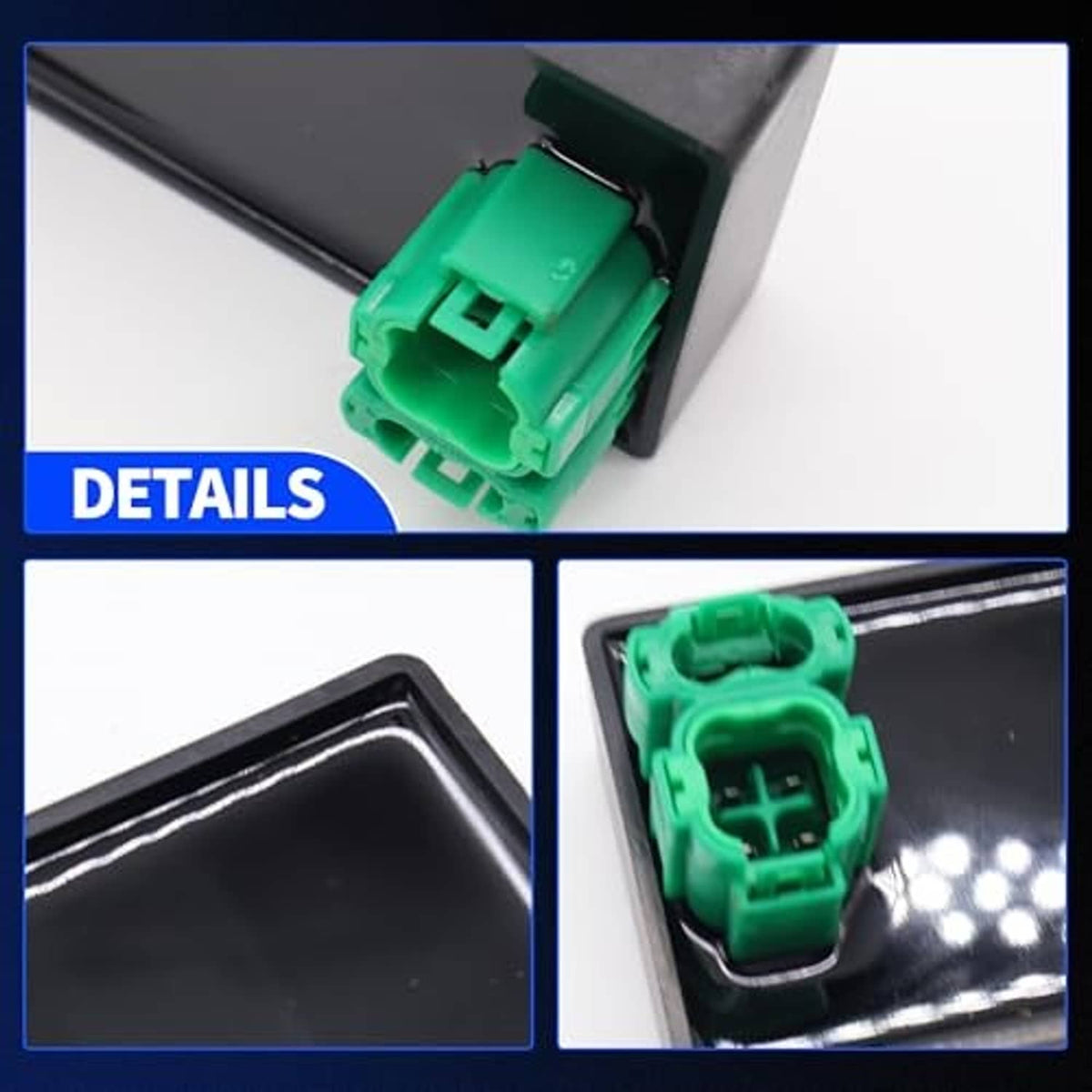Green connector end on black CDI module box, close detail