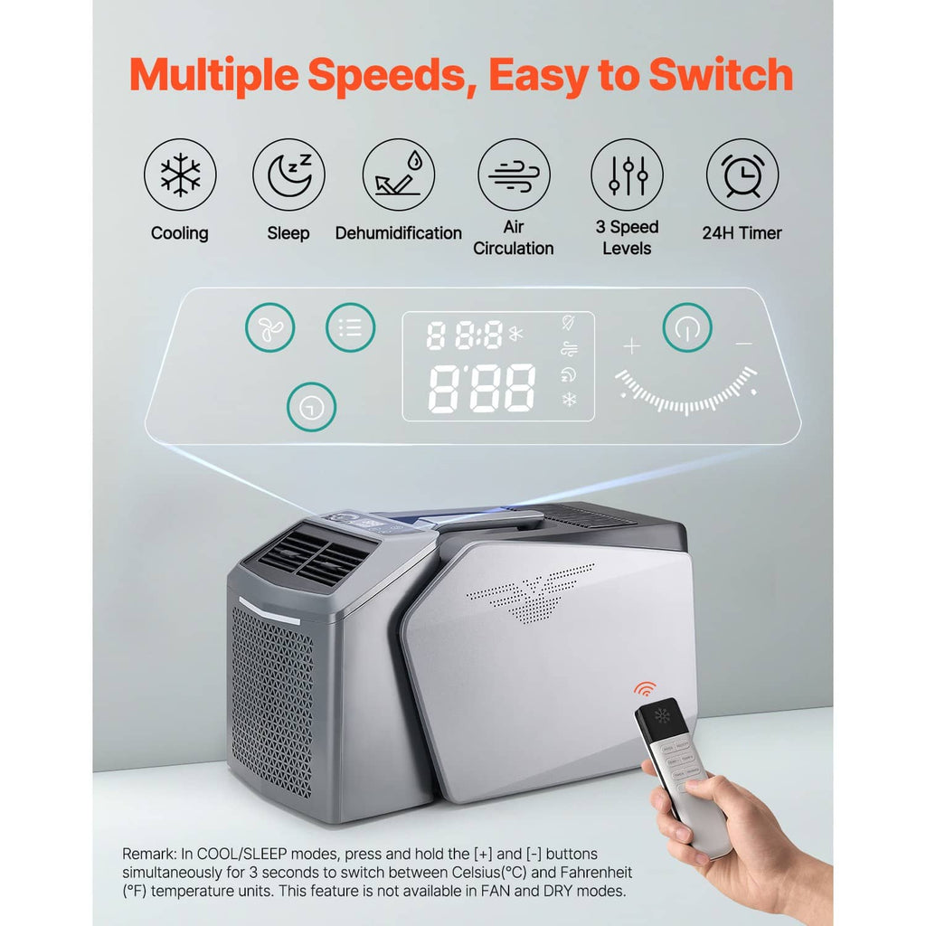 Portable air conditioner with touch control panel and remote in front view