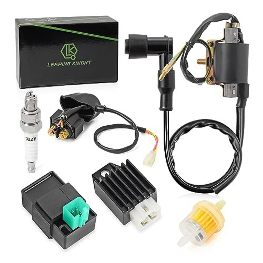 Ignition coil kit components with ignition module, CDI regulator, spark plug, and filter