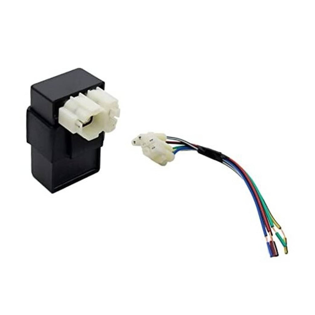 Black 6-pin AC CDI box with white connectors and multi-color wire harness adapter