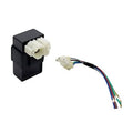 Black 6-pin AC CDI box with white connectors and multi-color wire harness adapter