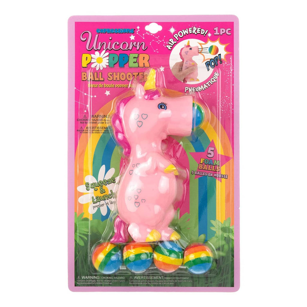 Unicorn ball shooter foam toy in retail package with rainbow foam balls