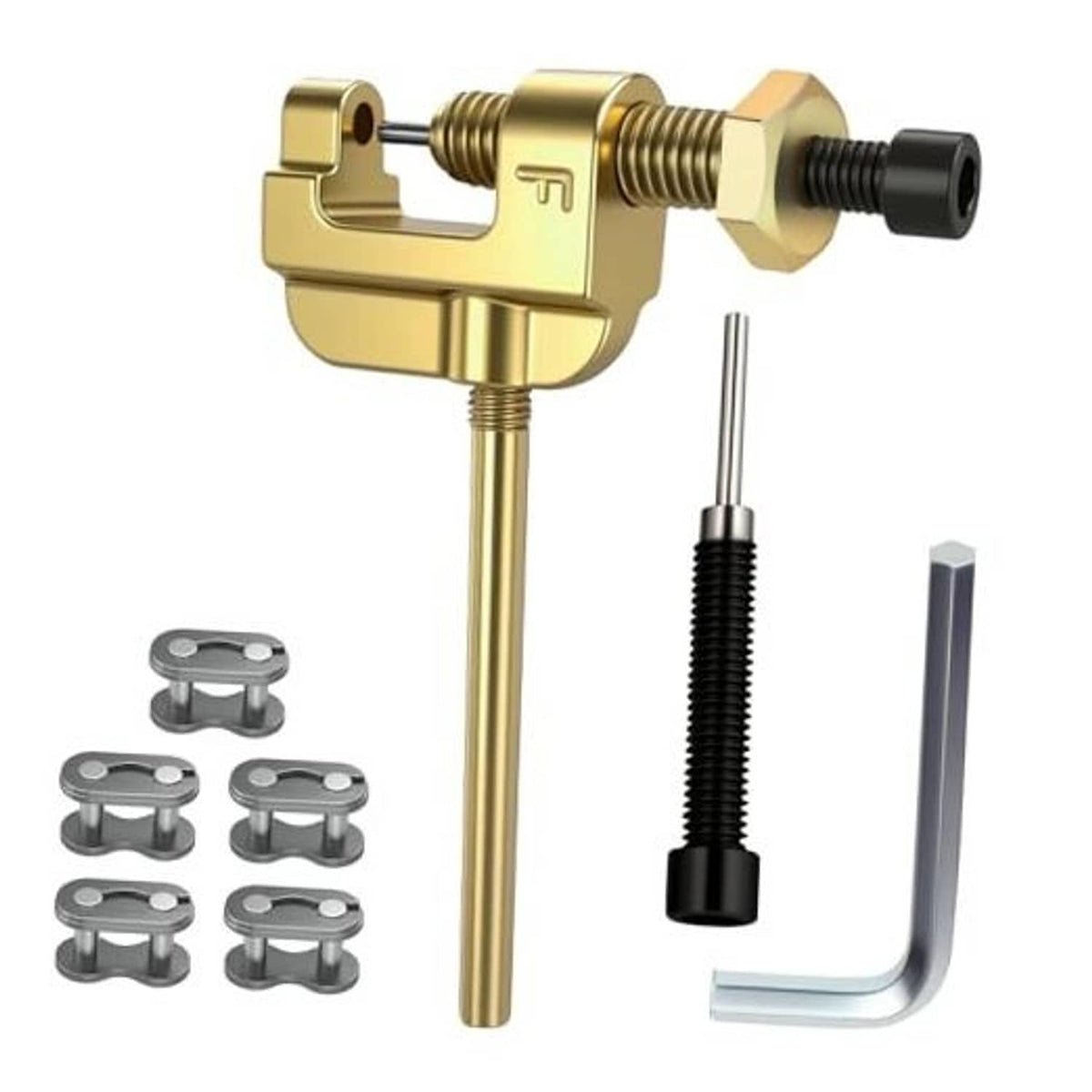 Motorcycle chain breaker tool with gold clamp, hex wrench, and spare chain pins