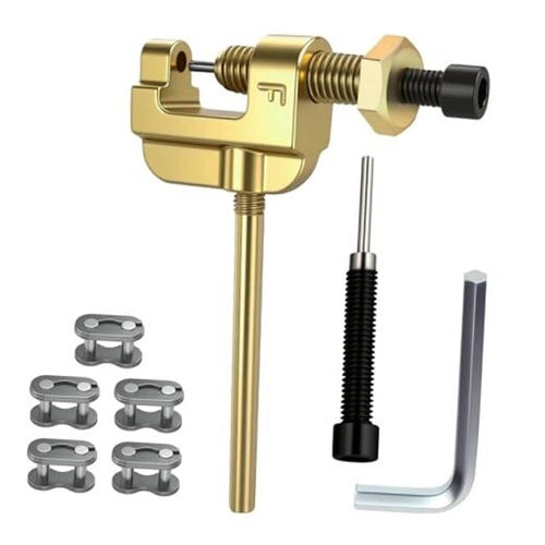 Motorcycle chain breaker tool with gold clamp, hex wrench, and spare chain pins