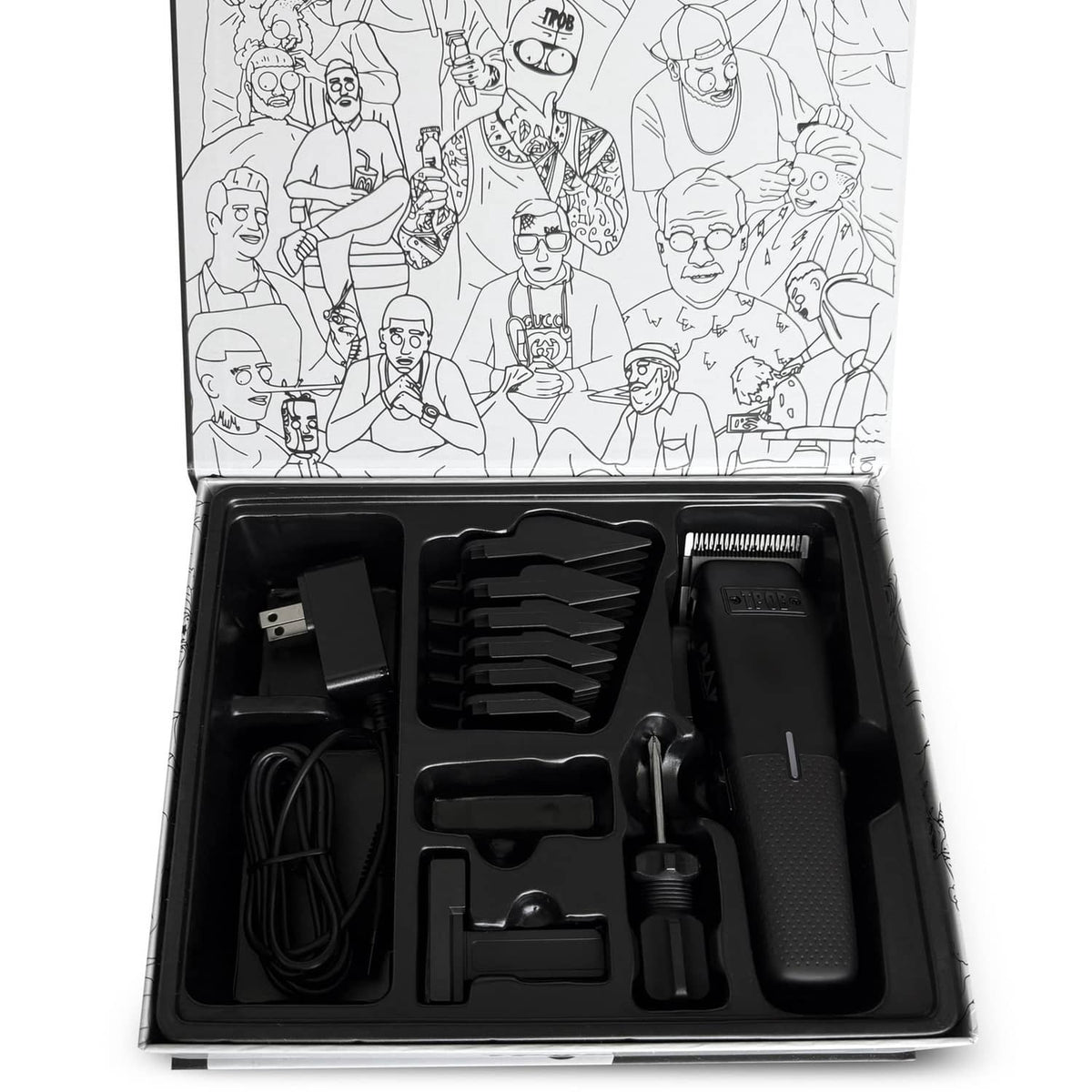 Black hair clipper kit in open case, with guards, cord, and accessories