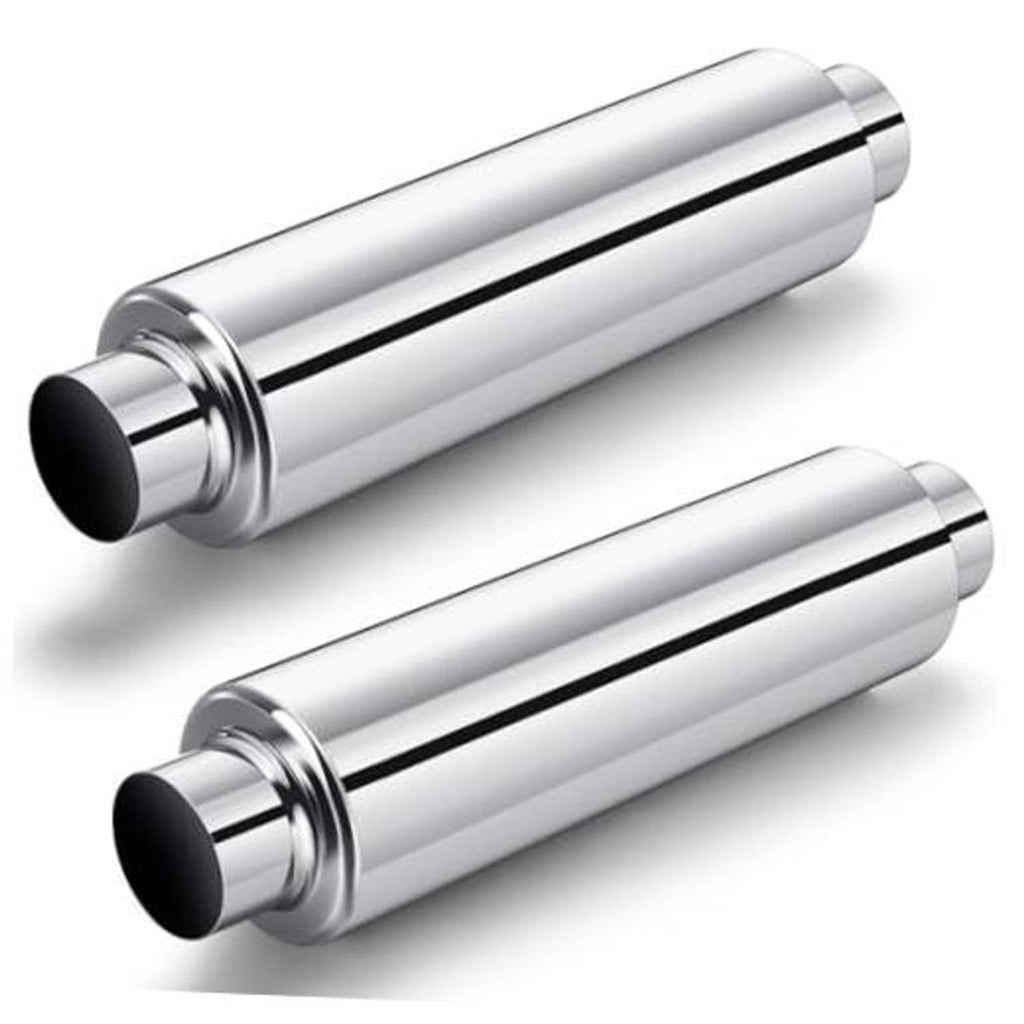 Pair of silver 2.5 in inlet exhaust resonators with black outlet ends, 19 in overall