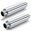 Pair of silver 2.5 in inlet exhaust resonators with black outlet ends, 19 in overall