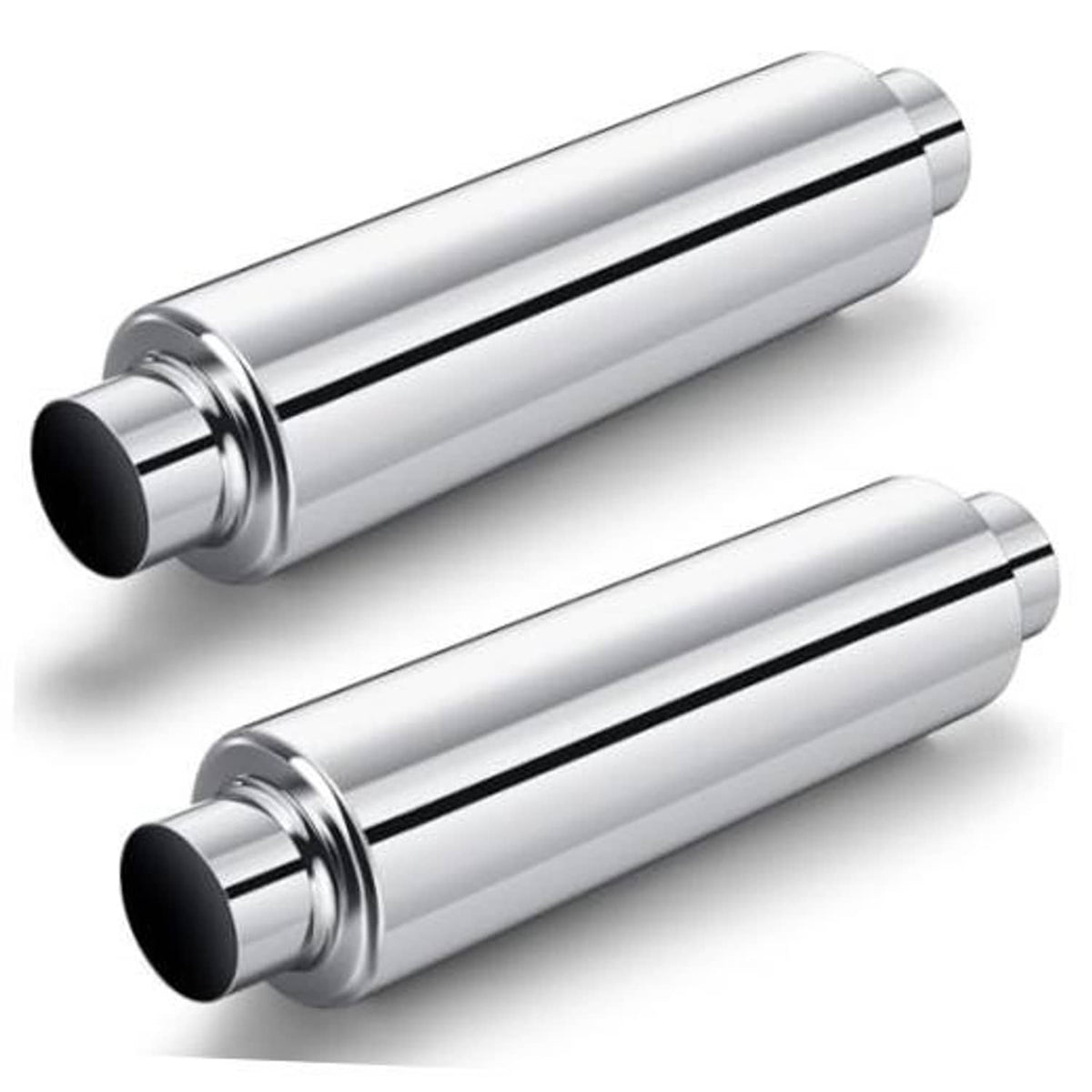 Pair of silver 2.5 in inlet exhaust resonators with black outlet ends, 19 in overall