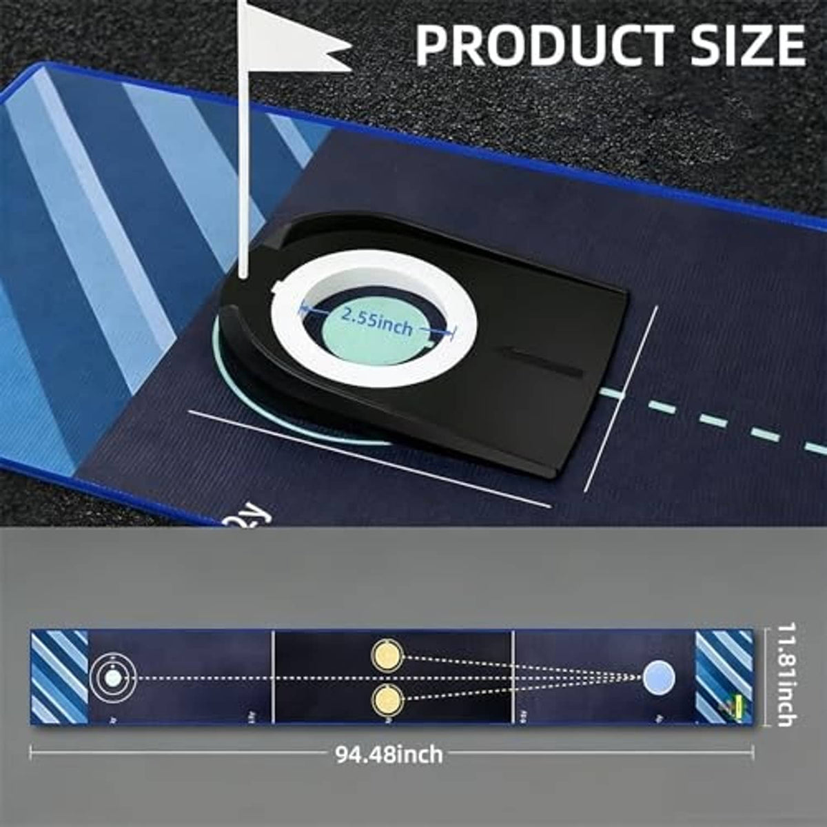 Golf putting green mat with cup target and dashed alignment lanes