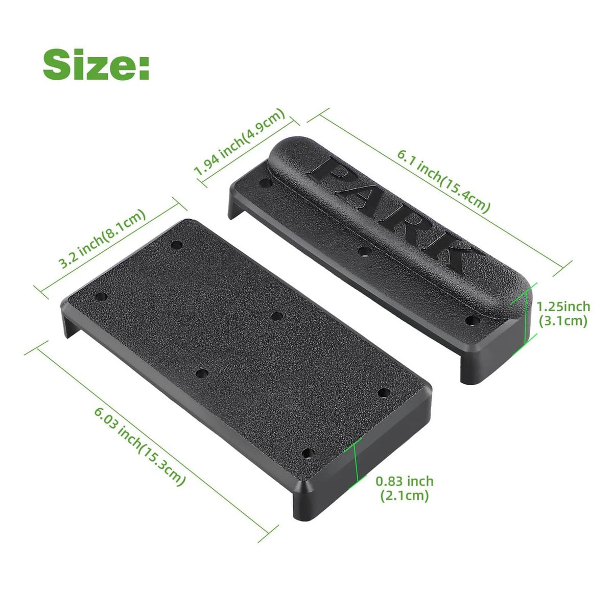 Black brake pedal pad kit with dimensions shown; two textured pads with mounting holes