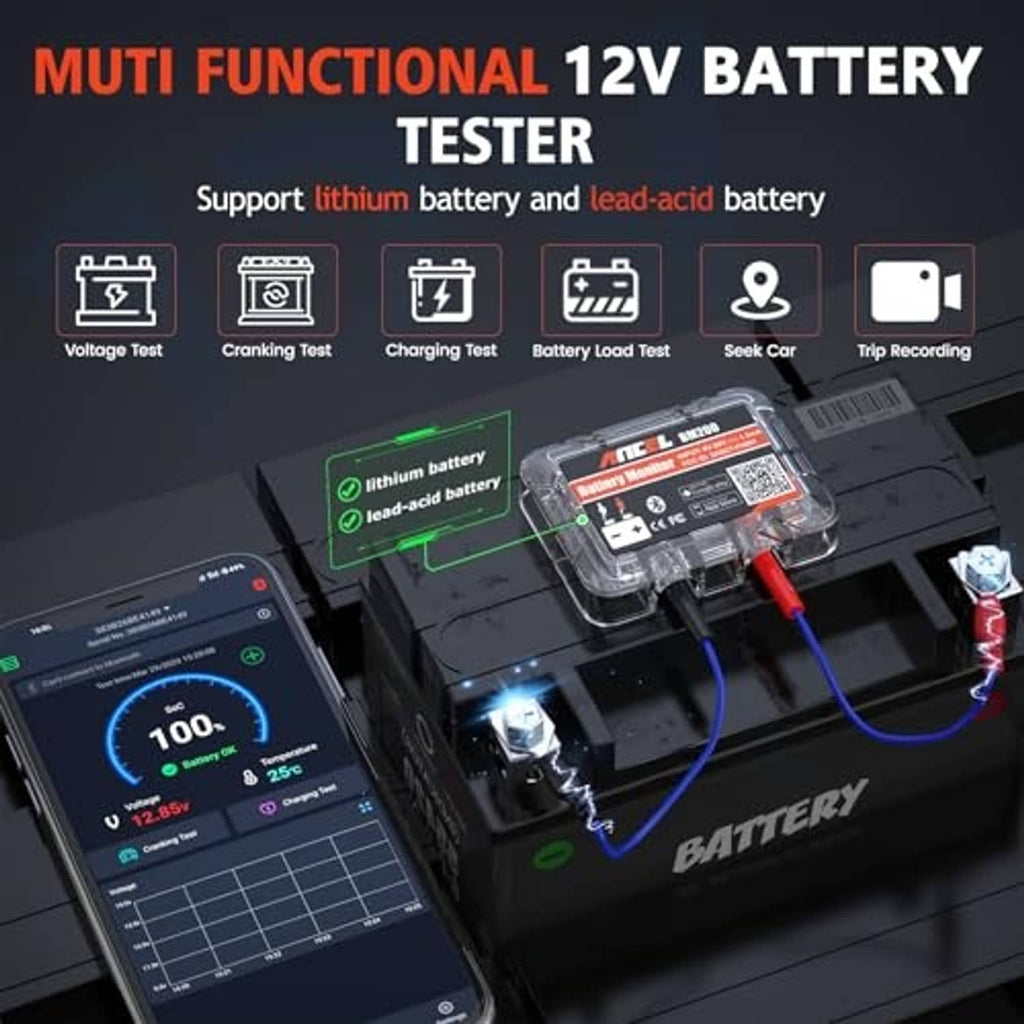12V battery tester kit with module, blue/red clamp leads, and phone battery test screen