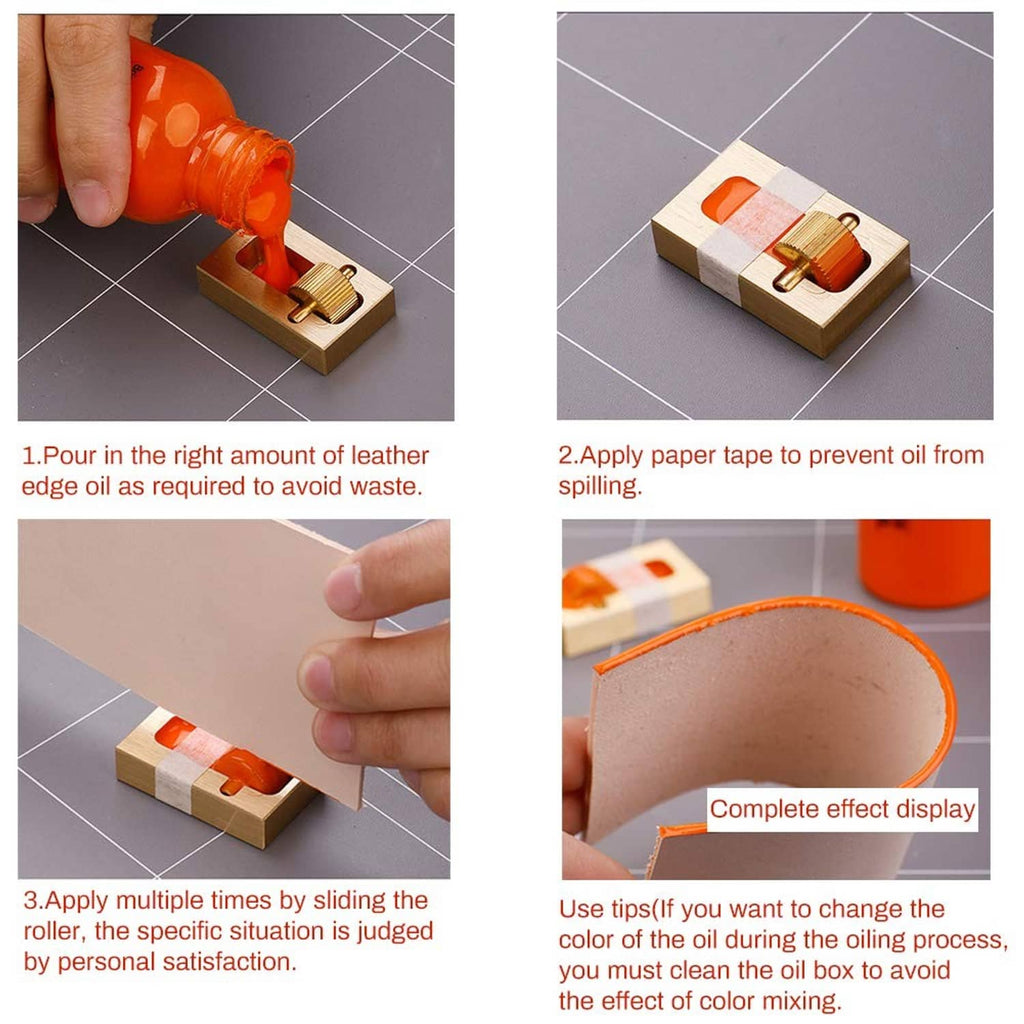 Leather edge paint tool applying edge paint; orange bottle with roller base