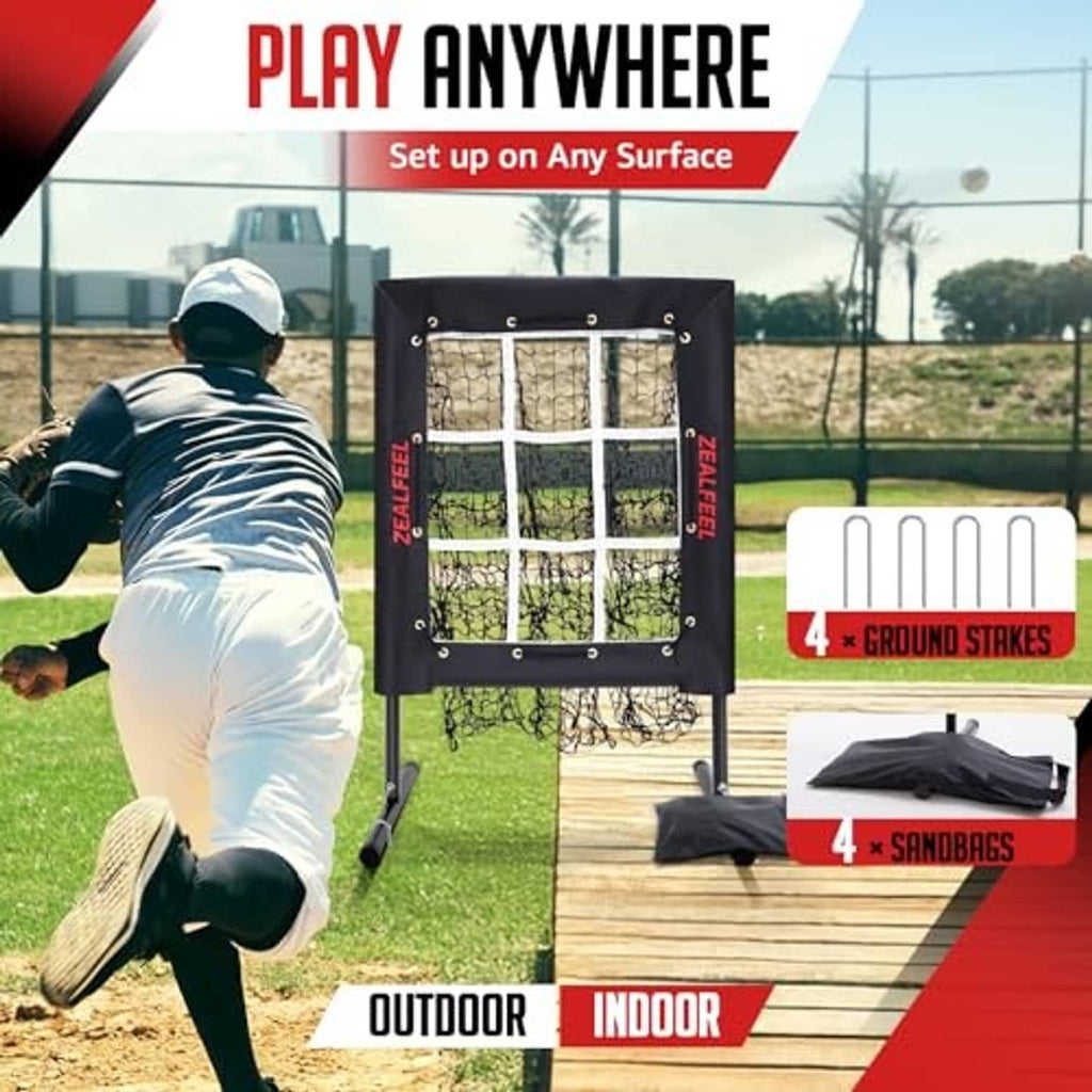Baseball pitching practice net on outdoor surface with ground stakes and setup accessories
