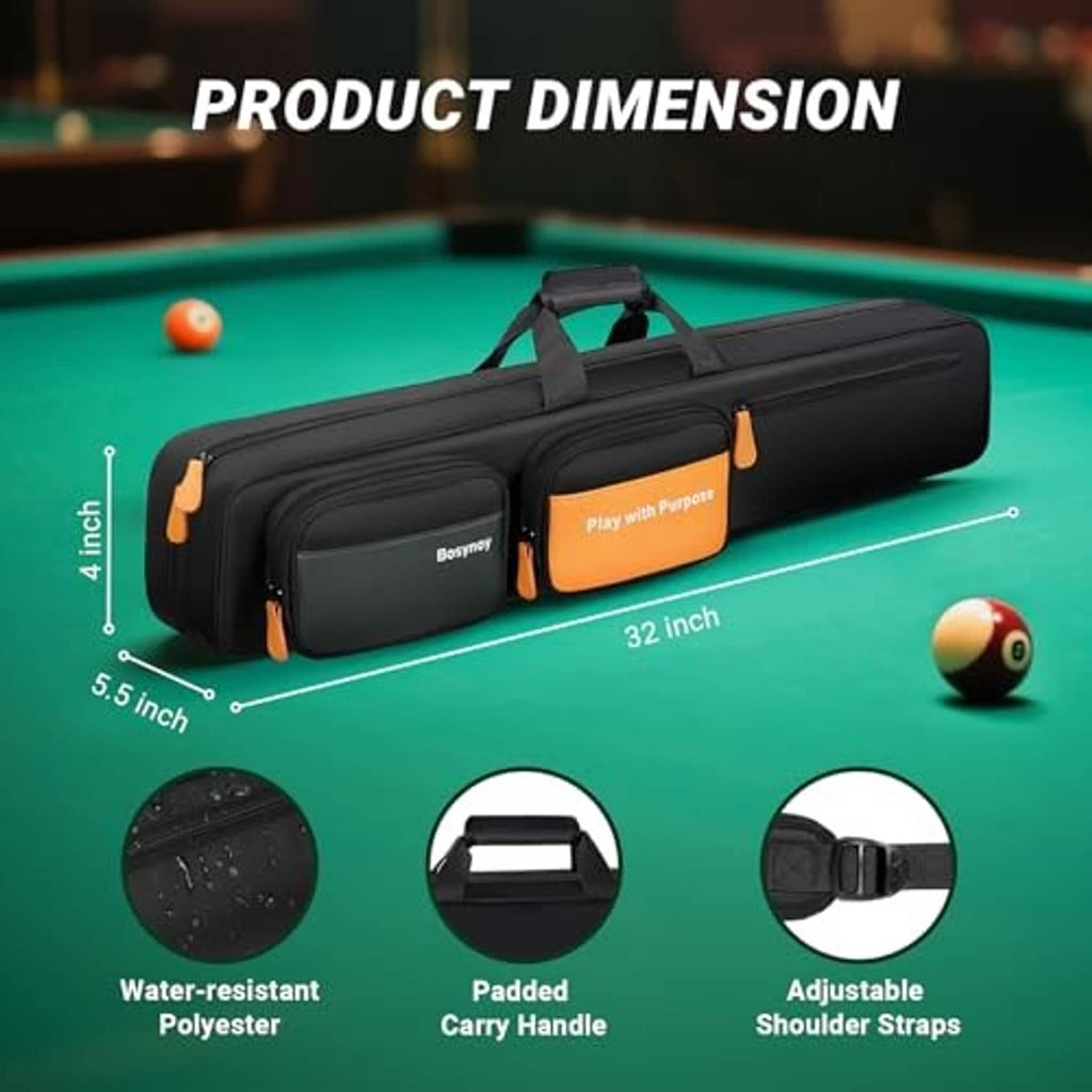 Black pool cue case with padded carry handle, adjustable shoulder straps, and orange tabs