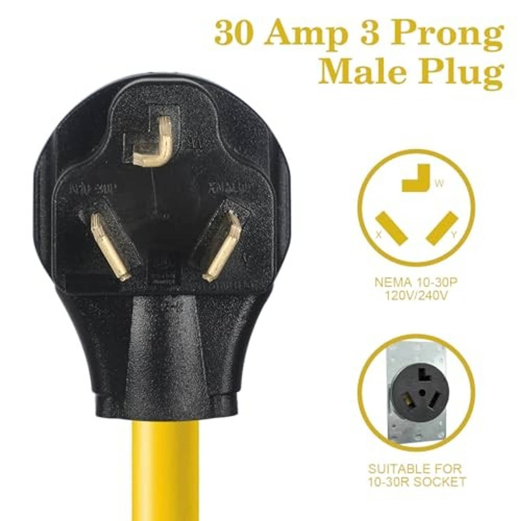 Close-up of black 3-prong NEMA 10-30P male plug on yellow adapter cable