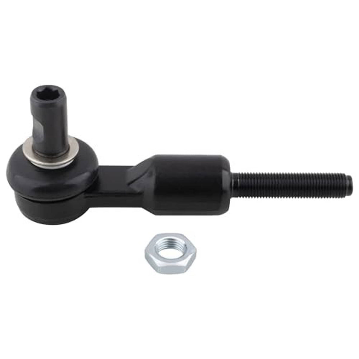 Black outer tie rod end with rubber ball joint, threaded rod, and hex nut