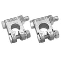 Pair of silver top-post battery terminal ends, marked N and P, threaded studs