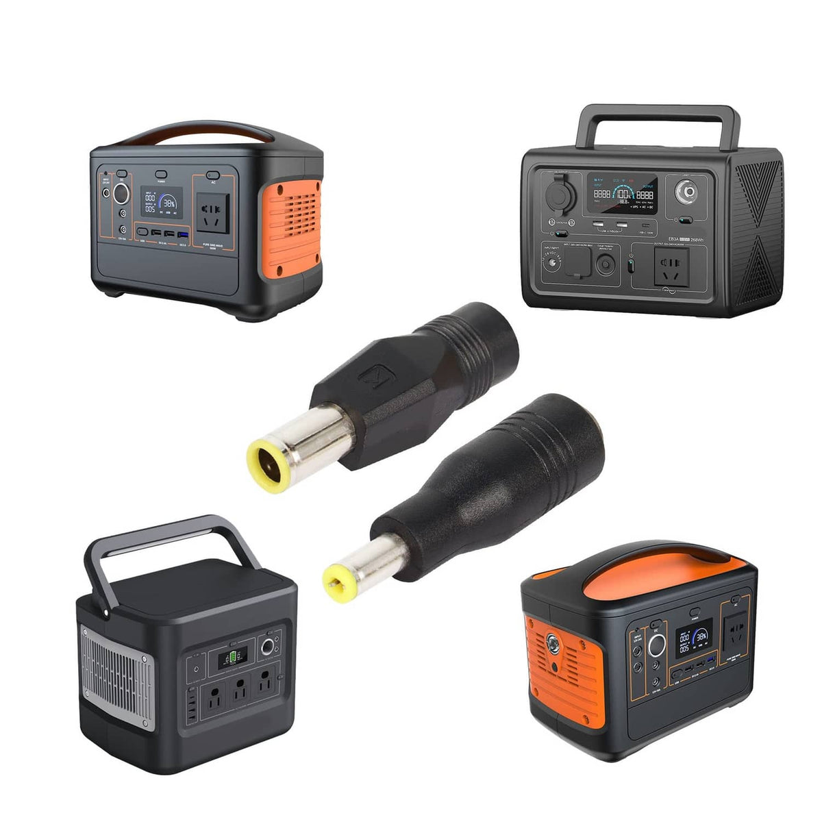 Two black DC power plug adapters with yellow-ring connectors and cable ends