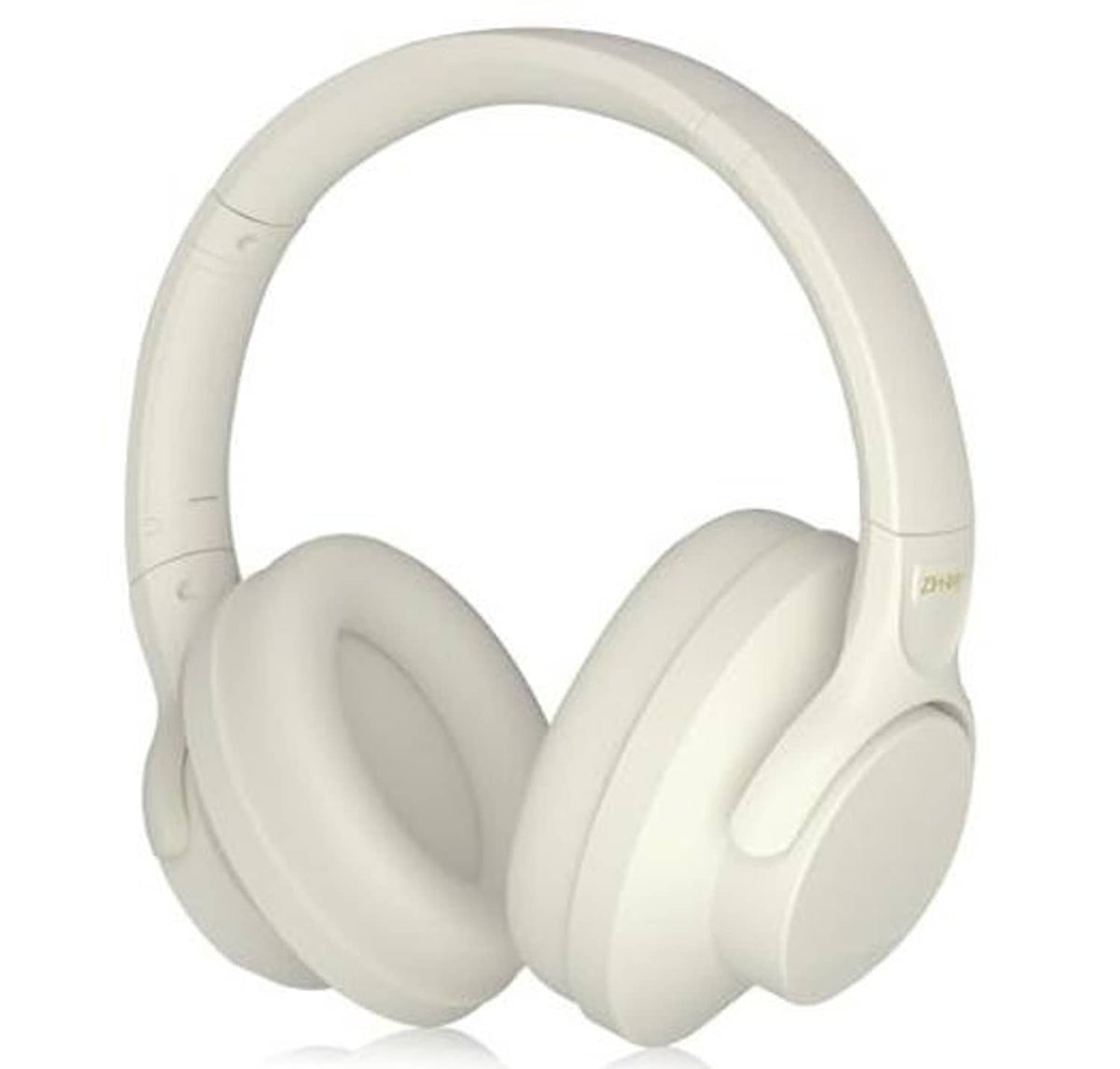 Milky white over-ear headphones, angled view, padded ear cups and cushioned band