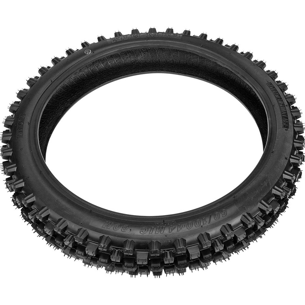 Knobby front tire, black tread blocks around the outer edge.