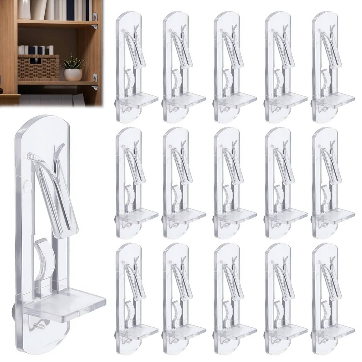 Set of clear plastic locking shelf support pegs with metal spring clips