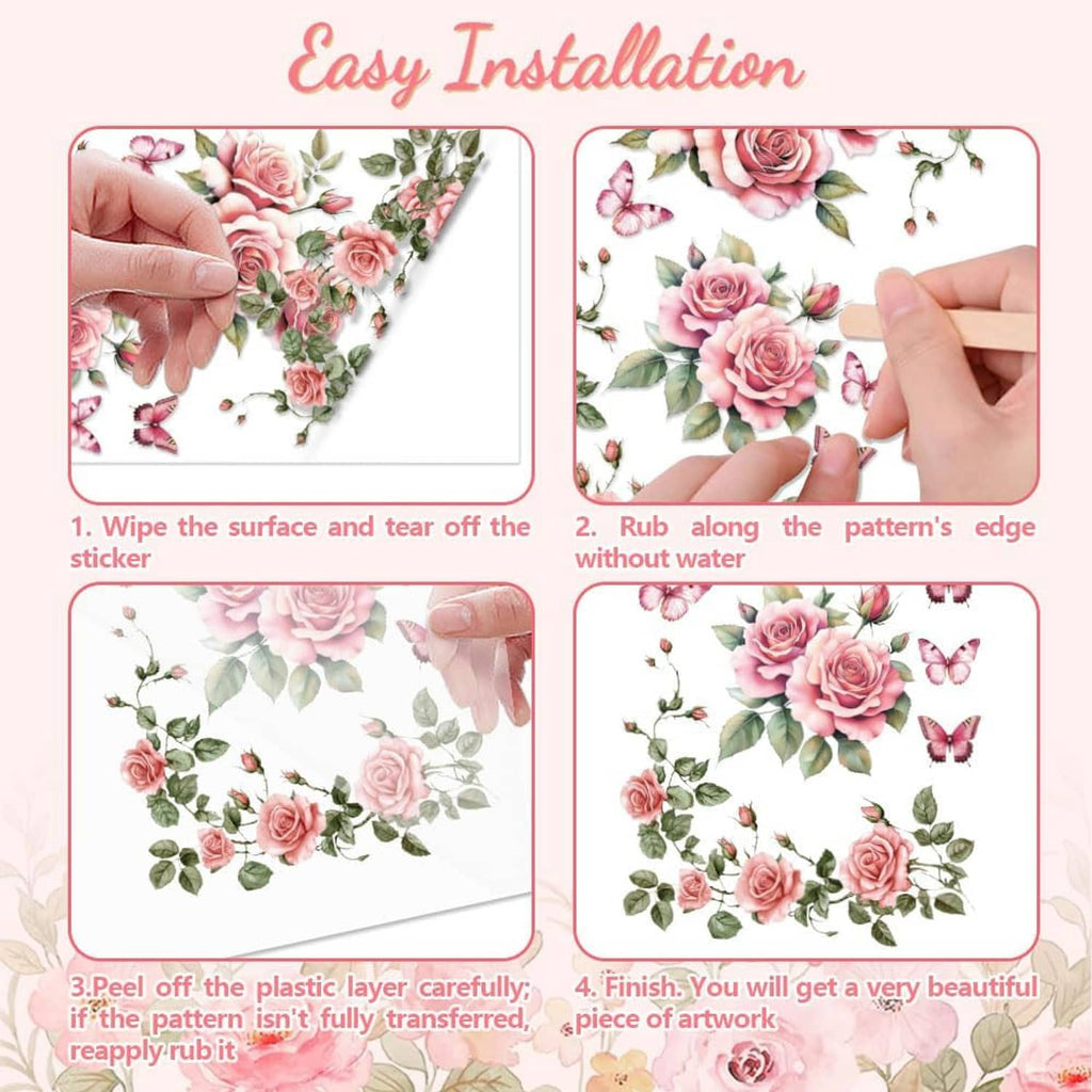 Rub-on transfer stickers with pink roses, green leaves, and butterflies on backing sheets