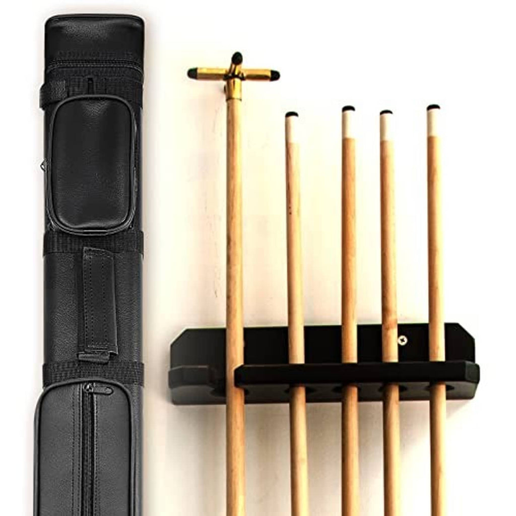 Black cue case standing upright with multiple cue sticks stored inside
