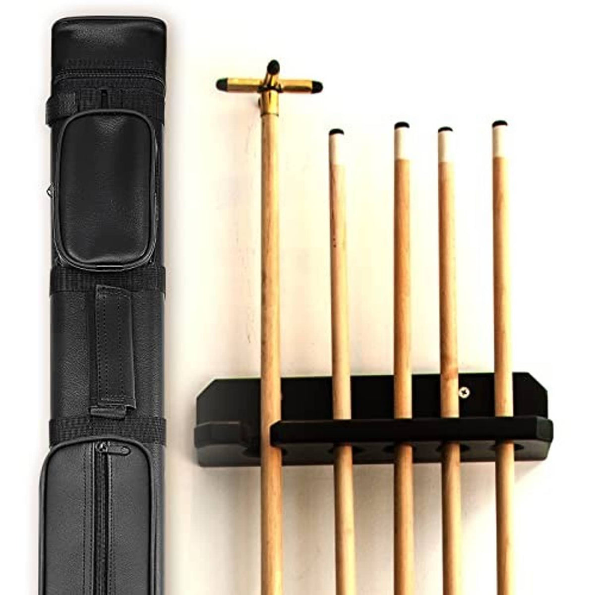 Black cue case standing upright with multiple cue sticks stored inside