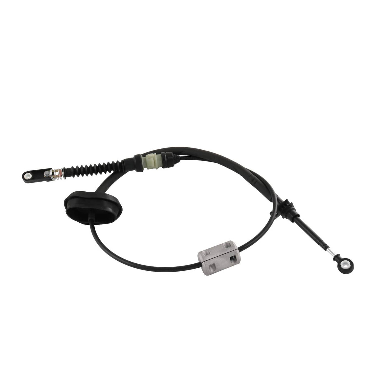 Automatic transmission shift cable with black rubber grommet, spring section, and links