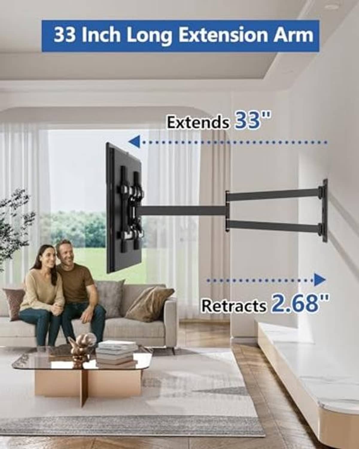 Long extension TV wall mount arm extending and retracting from the wall