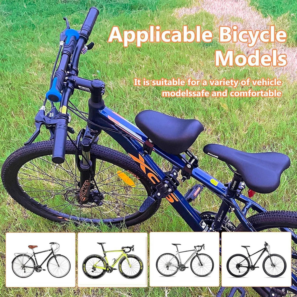 Kids front bike seat on a blue bicycle with black padded saddle