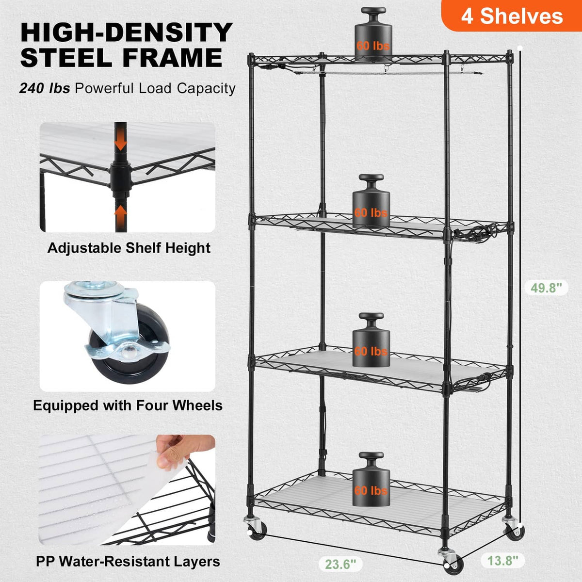 Black metal plant stand with four wheels and adjustable shelf height, steel frame