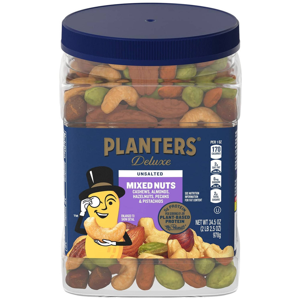 Unsalted mixed nuts jar with navy lid; clear container shows green and brown nuts